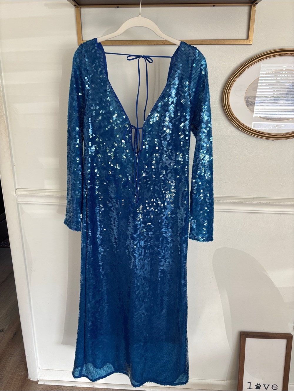 Bardot Blue Sequin Deep V Long Sleeve Midi Dress